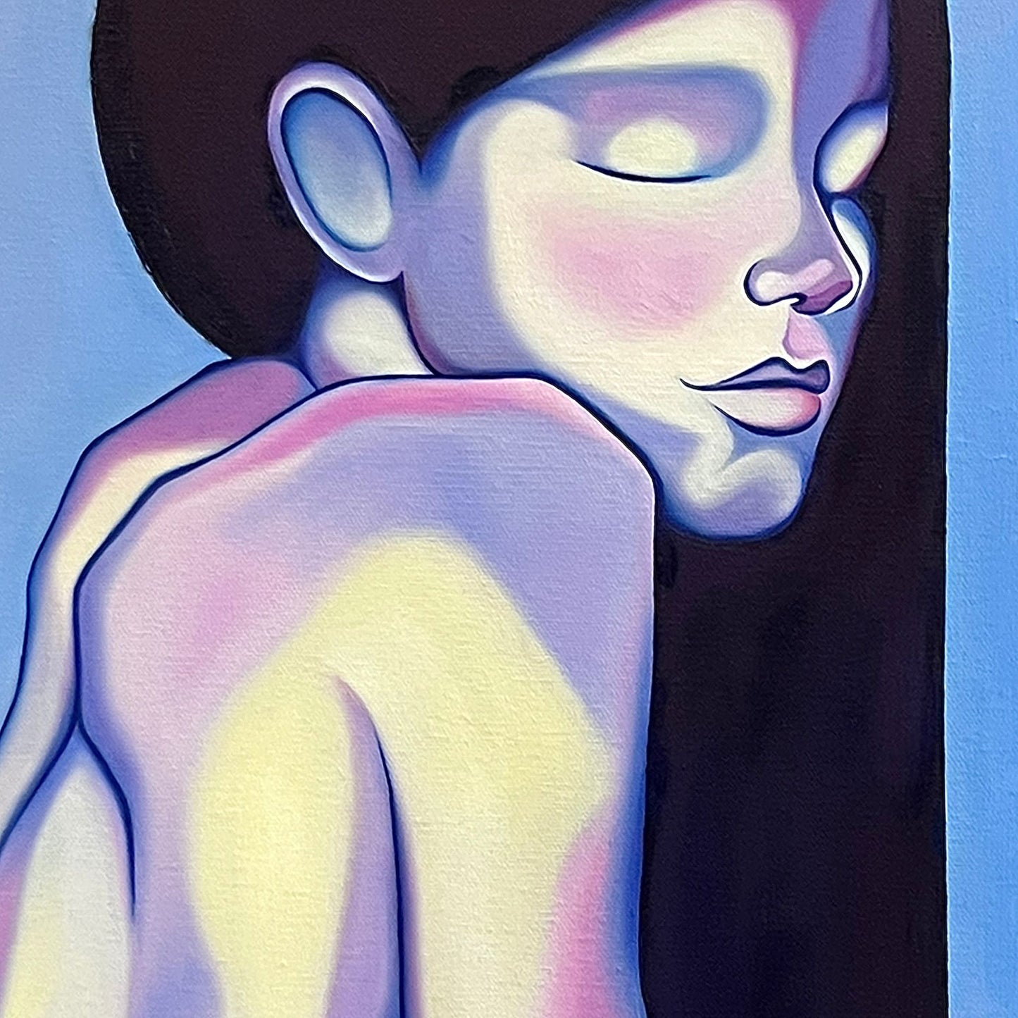 Abstract artwork of a human-like figure with pastel colors on a dark background