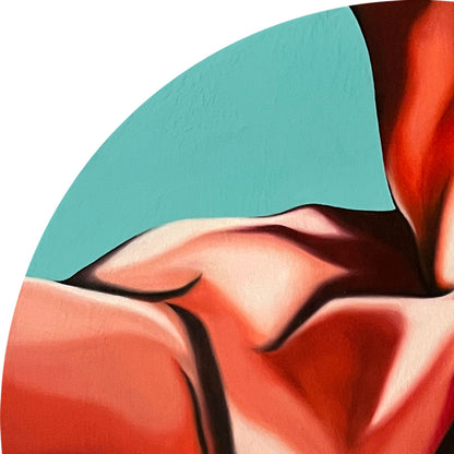 Close up of original artwork featuring a mint blue hand holding deep red cherry-like breasts.