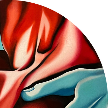 Close up of original artwork featuring a mint blue hand holding deep red cherry-like breasts.