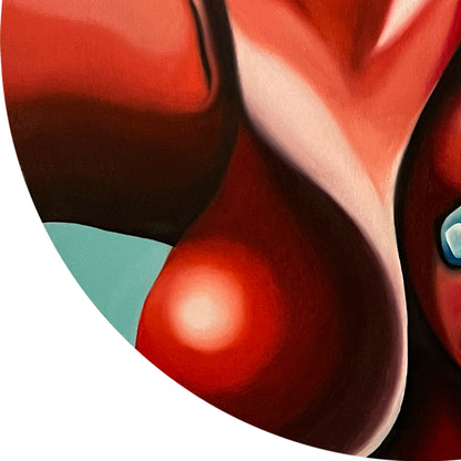 Close up of original artwork featuring a mint blue hand holding deep red cherry-like breasts.
