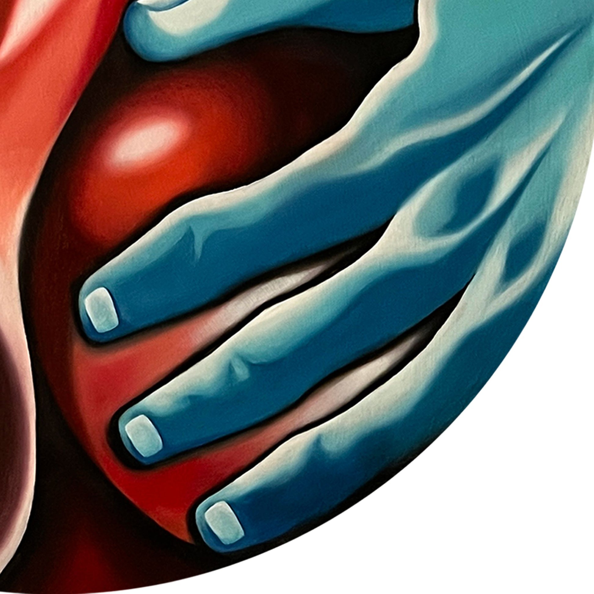 Close up of original artwork featuring a mint blue hand holding deep red cherry-like breasts.