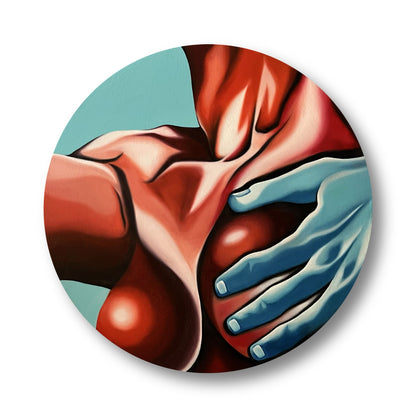 Original artwork featuring a mint blue hand holding deep red cherry-like breasts.