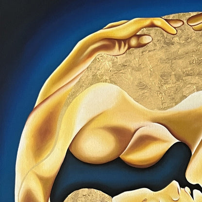 Close up of painting with a gold circular design featuring two figures embracing on a blue background