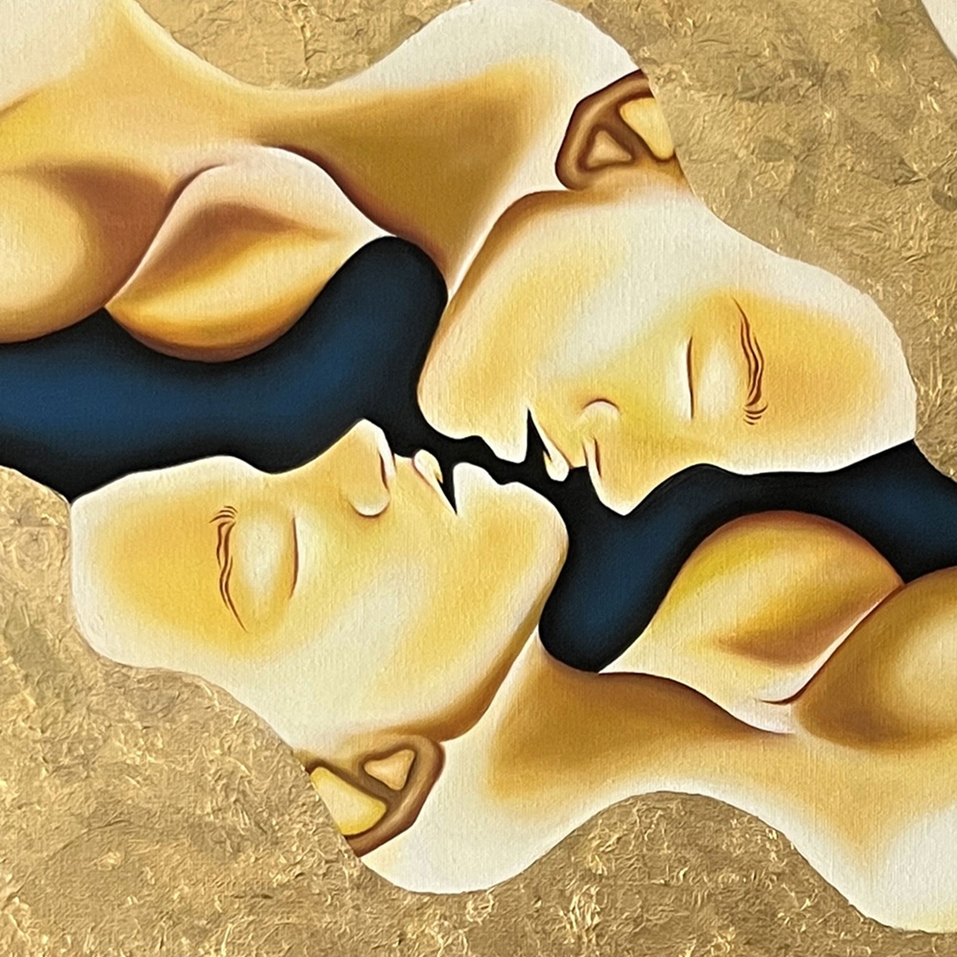 Close up of painting with a gold circular design featuring two figures embracing on a blue background