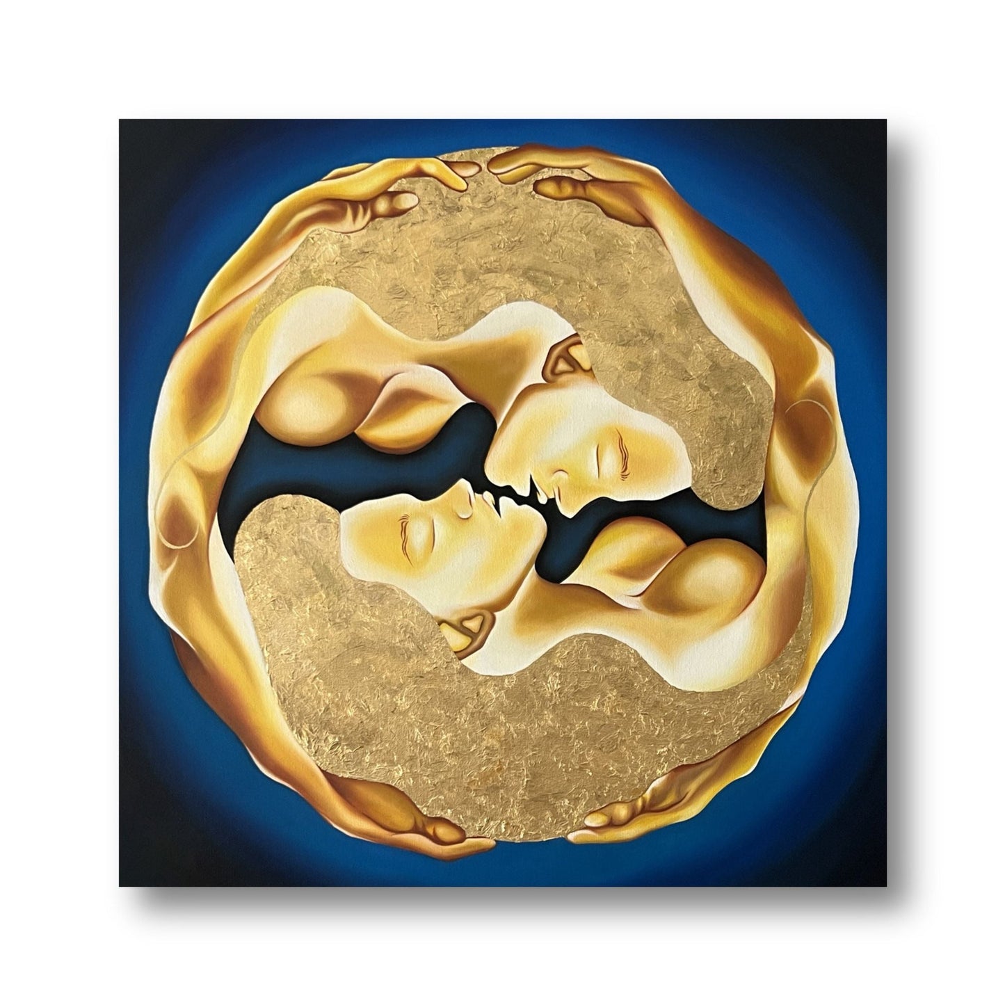 Original painting with a gold circular design featuring two figures embracing on a blue background