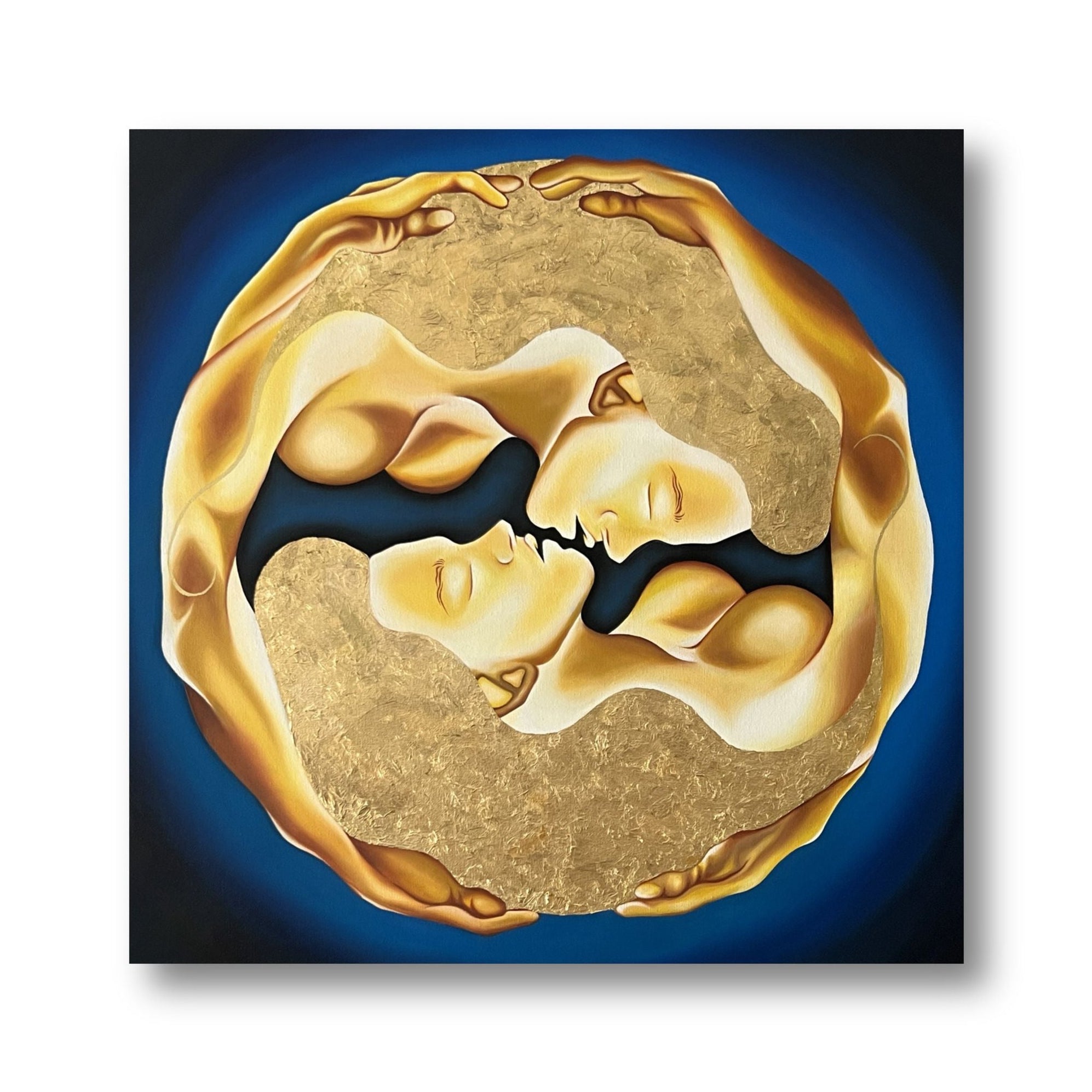 Original painting with a gold circular design featuring two figures embracing on a blue background