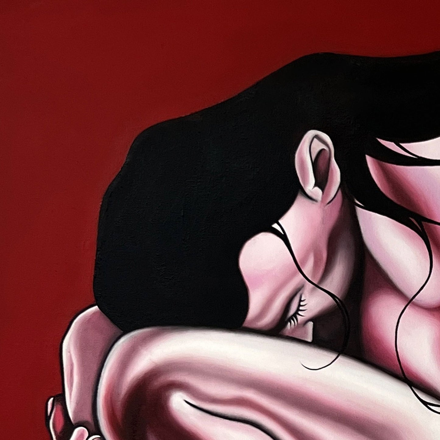Close up of original painting of a female figure in pink and white curled into an almost foetal position on a deep red background.