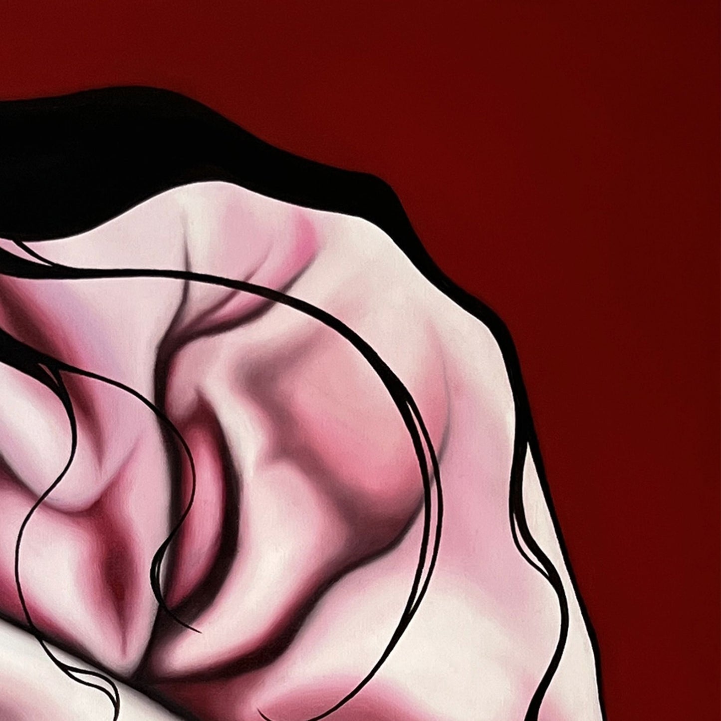 Close up of original painting of a female figure in pink and white curled into an almost foetal position on a deep red background.