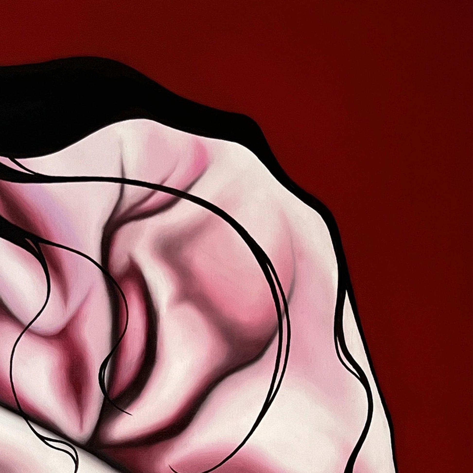 Close up of original painting of a female figure in pink and white curled into an almost foetal position on a deep red background.