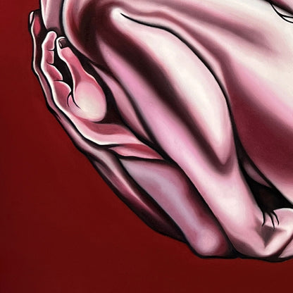 Close up of original painting of a female figure in pink and white curled into an almost foetal position on a deep red background.