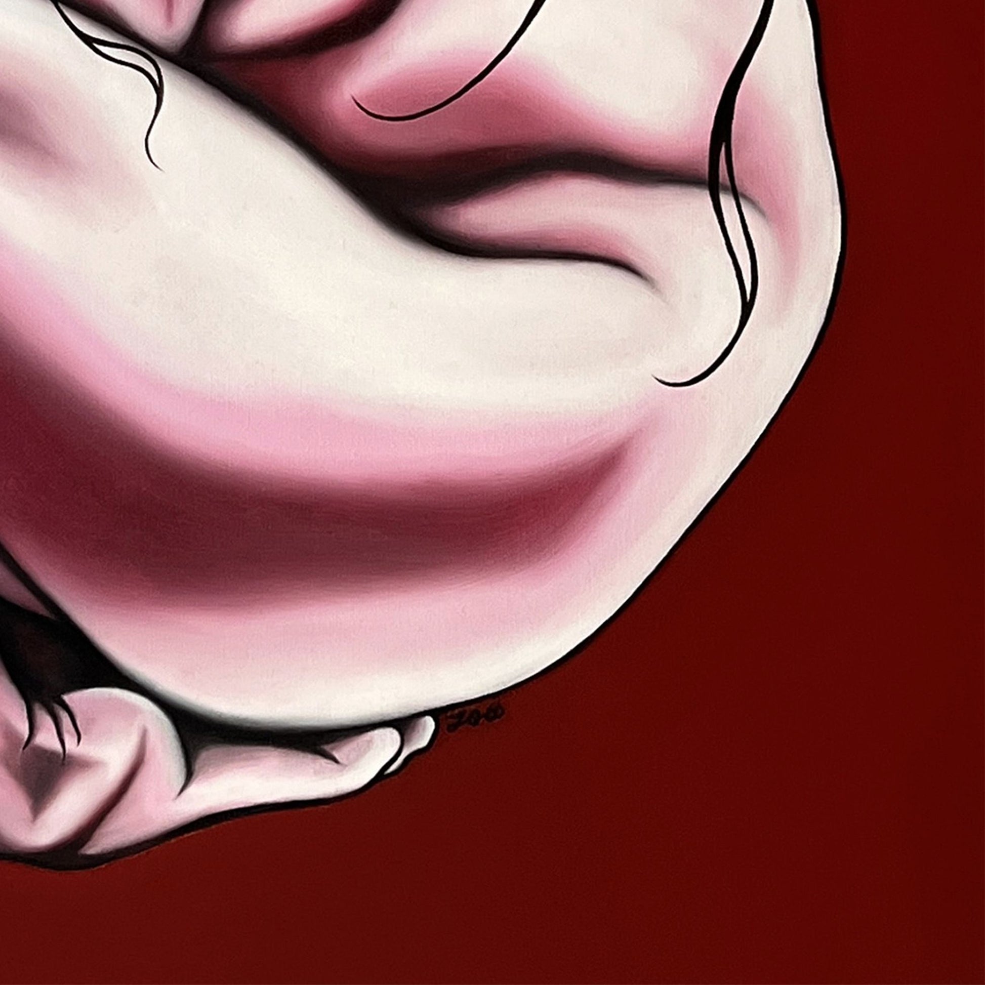 Close up of original painting of a female figure in pink and white curled into an almost foetal position on a deep red background.