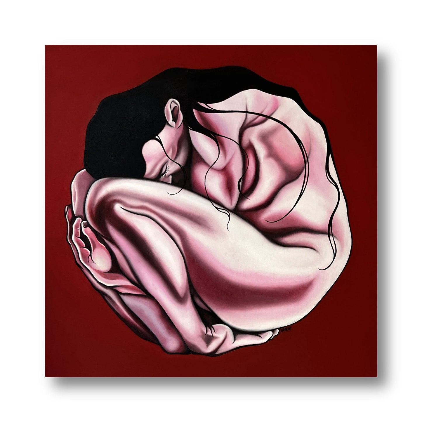 Original painting of a female figure in pink and white curled into an almost foetal position on a deep red background.