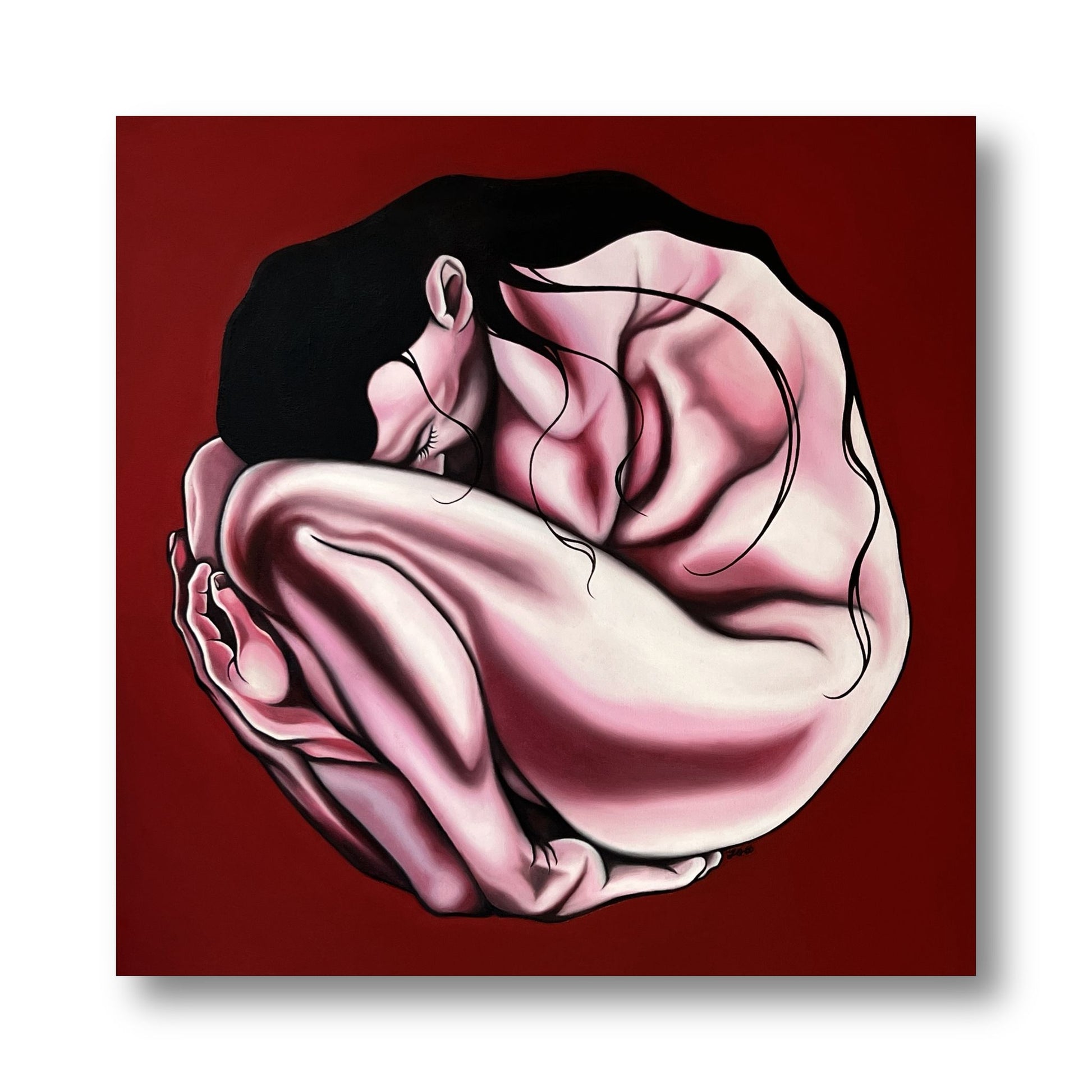 Original painting of a female figure in pink and white curled into an almost foetal position on a deep red background.