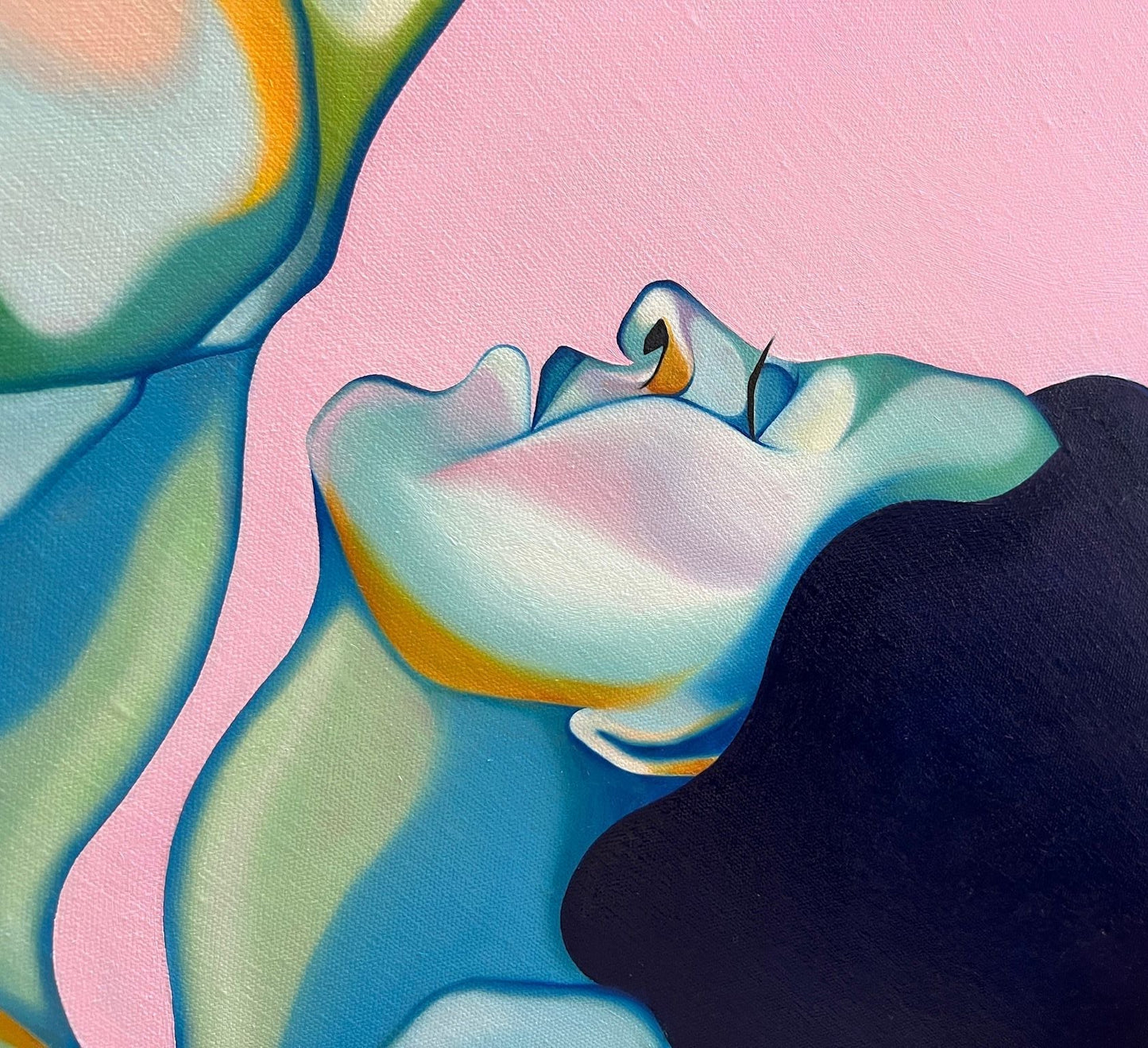 Close up of an original contemporary art piece with colourful figures mirroring each other on a pink background.