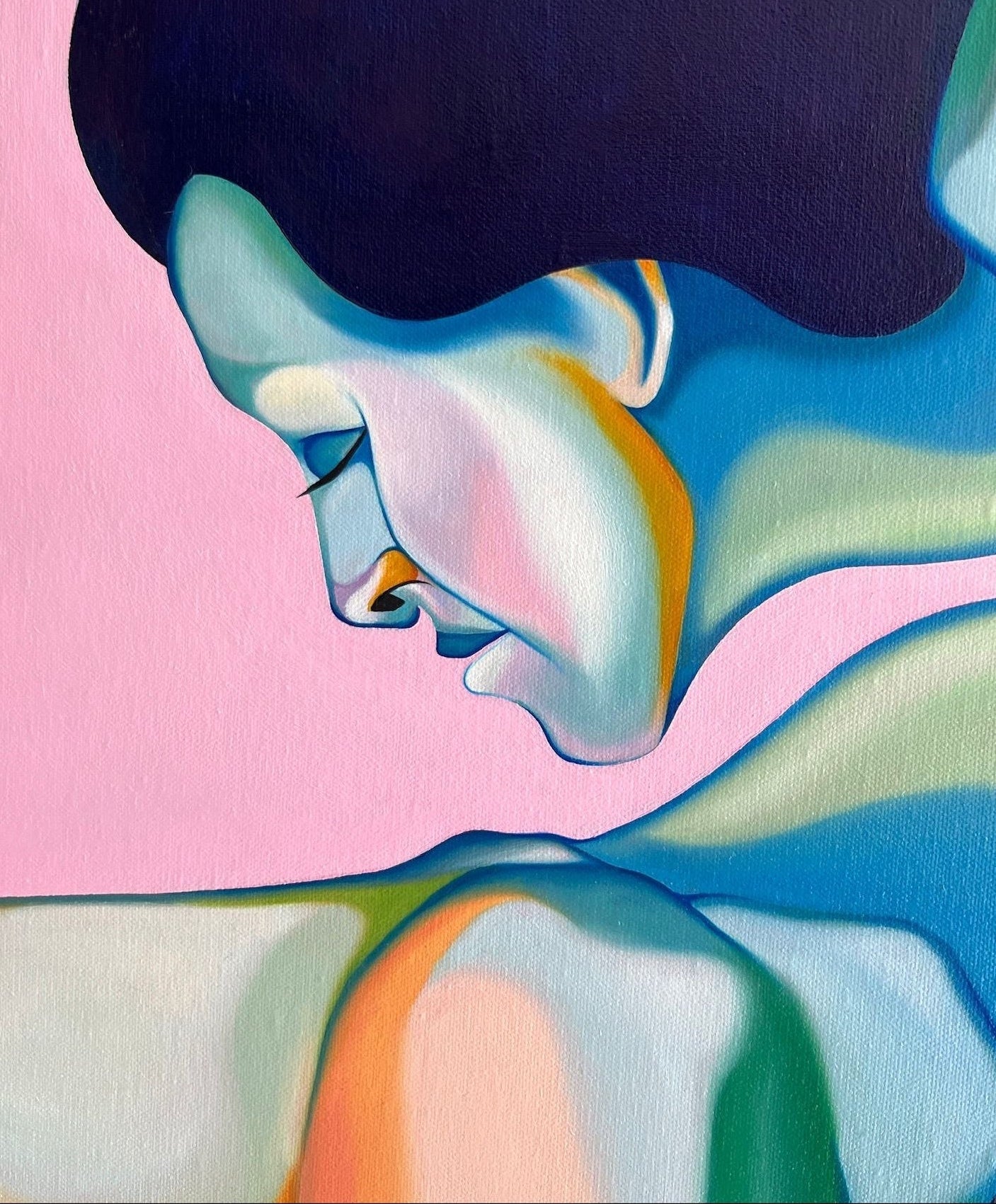 Close up of an original contemporary art piece with colourful figures mirroring each other on a pink background.