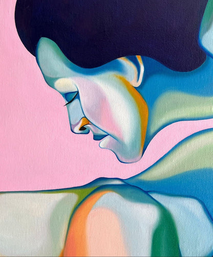 Close up of an original contemporary art piece with colourful figures mirroring each other on a pink background.