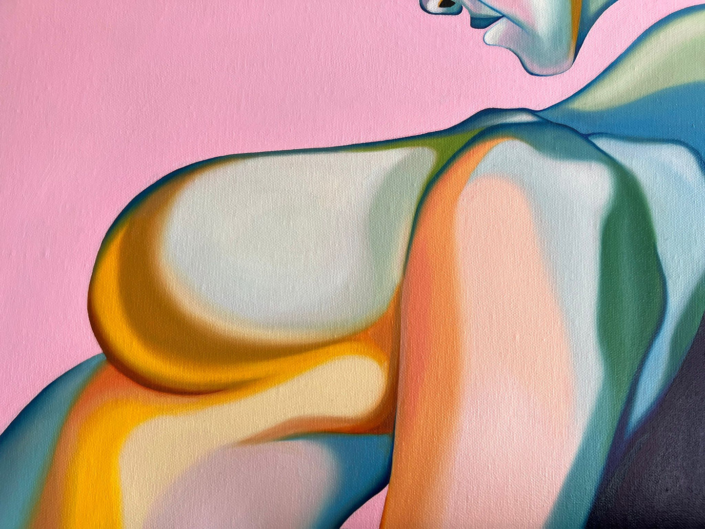 Close up of an original contemporary art piece with colourful figures mirroring each other on a pink background.