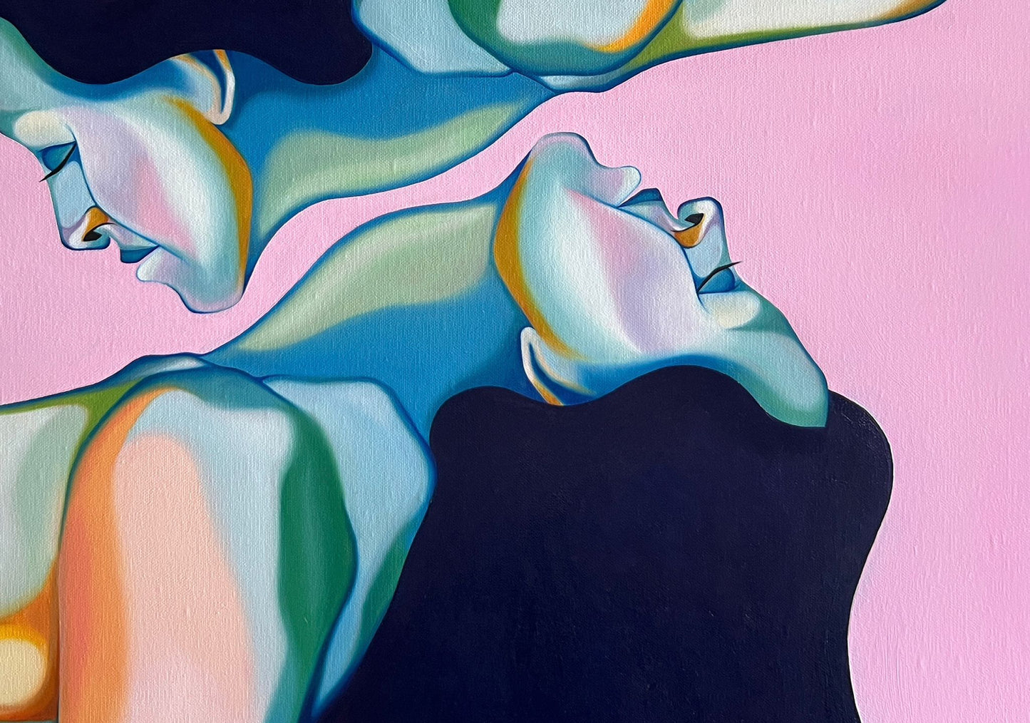 Close up of an original contemporary art piece with colourful figures mirroring each other on a pink background.