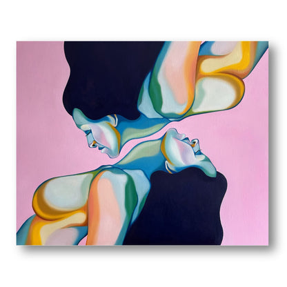 Original contemporary art piece with colourful figures mirroring each other  on a pink background.