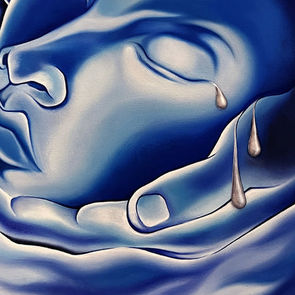 Close up of an original artistic depiction of hands holding a face with surrounding blue tones.