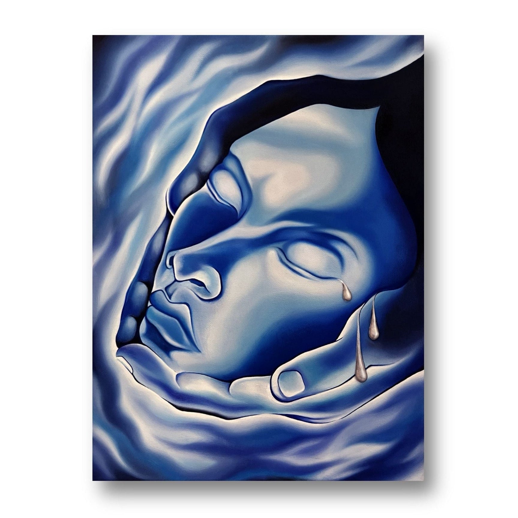 Original artistic depiction of hands holding a face with surrounding blue tones.