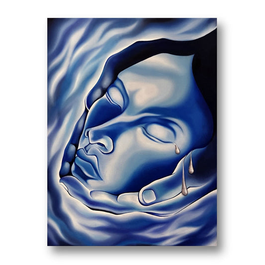 Original artistic depiction of hands holding a face with surrounding blue tones.