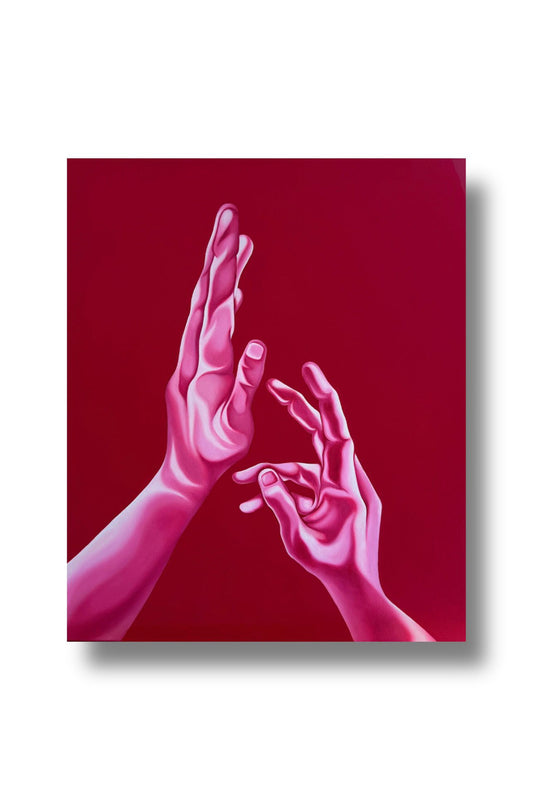 Artistic depiction of two hands reaching towards each other on a red background