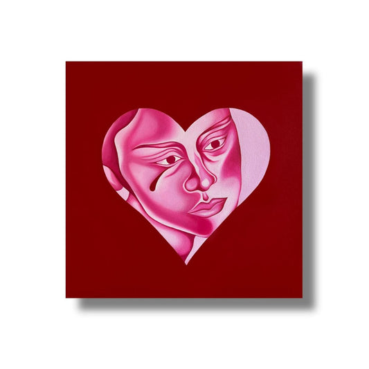 Heart-shaped artwork with a face on a red background