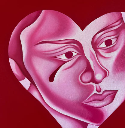 Artistic depiction of a heart with two faces inside on a red background