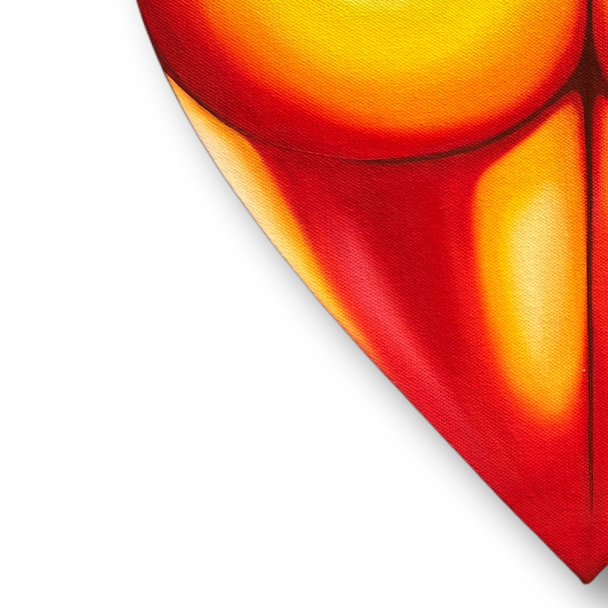 Close up of a heart-shaped painting of a peachy posterior with a gradient of red to yellow on a white background