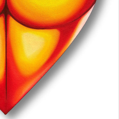 Close up of a heart-shaped painting of a peachy posterior with a gradient of red to yellow on a white background