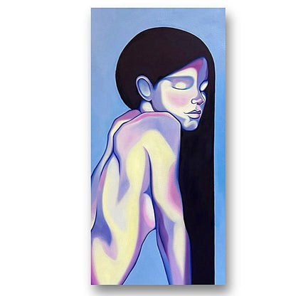Abstract painting of a nude figure with a blue background