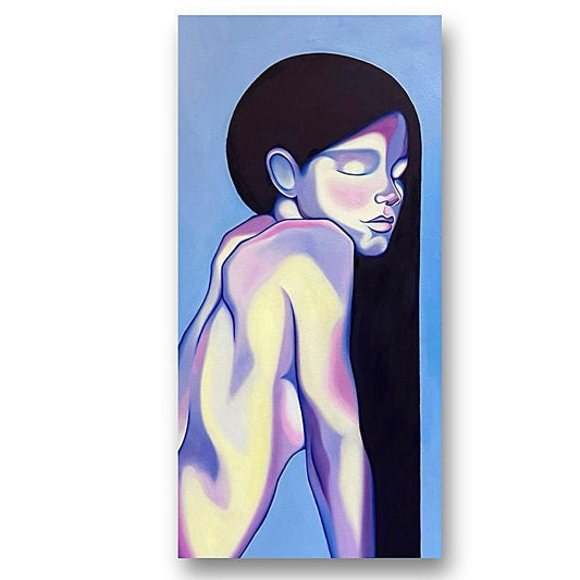 Abstract painting of a nude figure with a blue background
