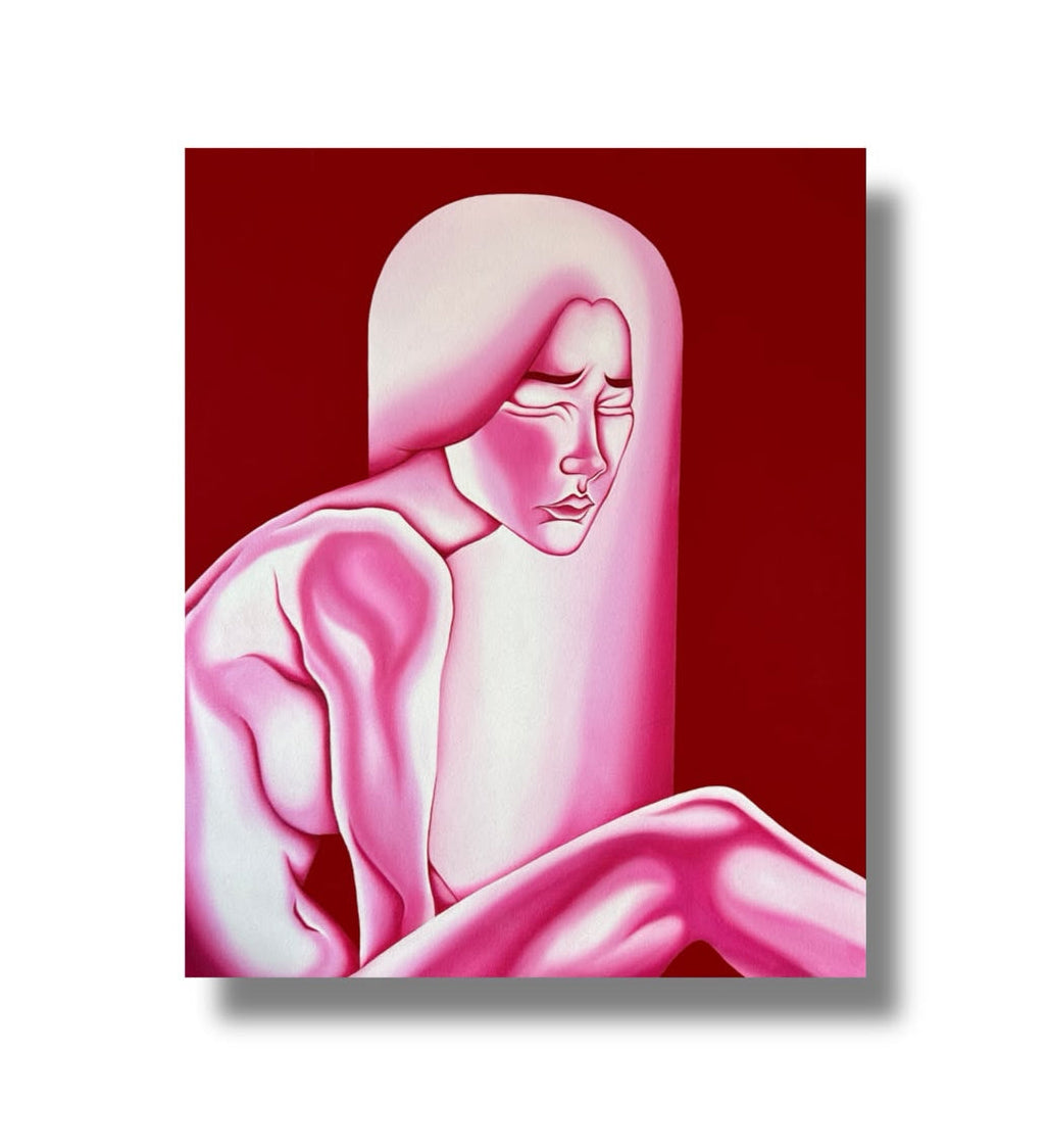 A stylized art print or painting of a seated human figure rendered in pink tones against a deep red background, shown as a rectangular artwork centered on a light gray backdrop with a drop shadow.