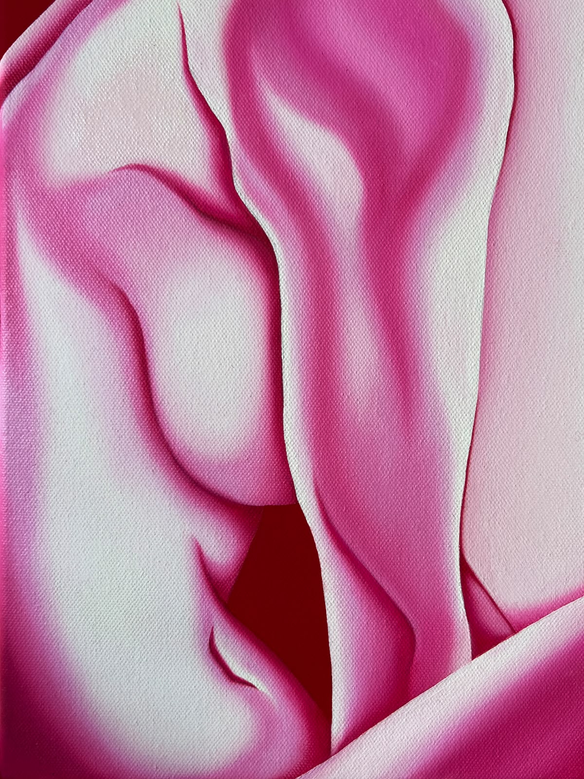 Abstract painting of draped pink and white fabric with deep magenta shadows and a dark red void in the center, rendered with visible canvas texture.