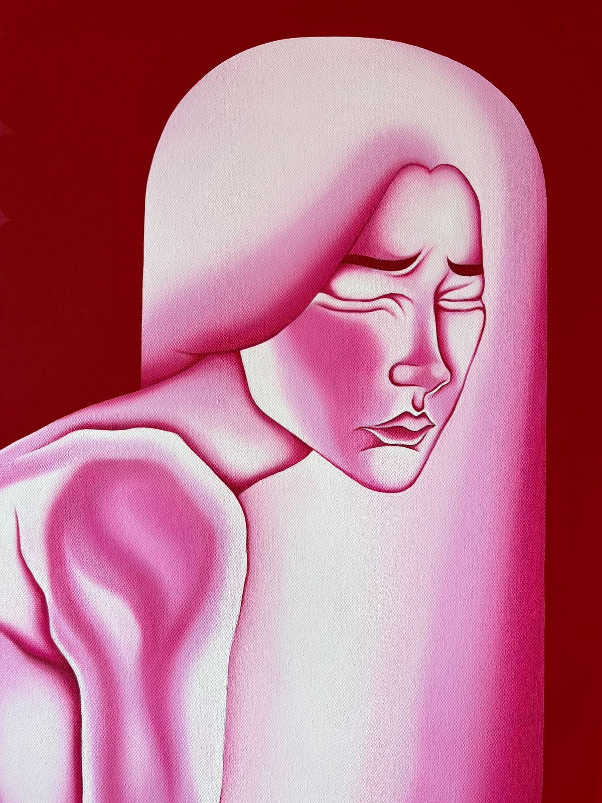 A stylized portrait artwork of a hooded figure in pink tones against a deep red background.