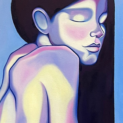 Abstract artwork of a human-like figure with pastel colors on a dark background