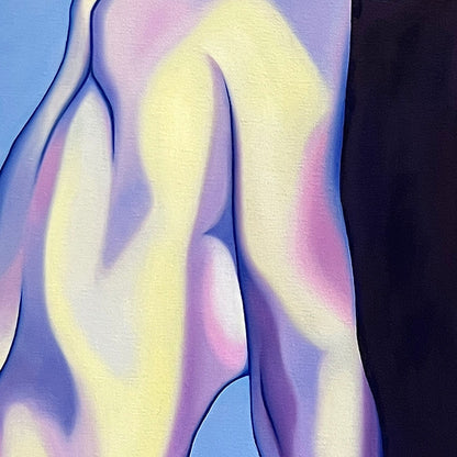 Abstract art with wavy lines in purple, yellow, and pink on a dark background