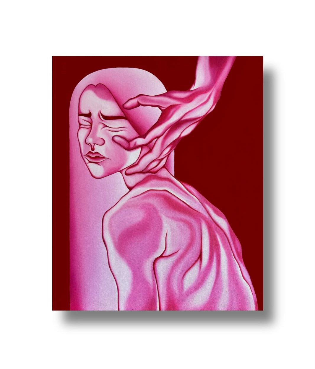 A square art print or poster featuring a stylized pink and magenta illustration of a human figure against a deep red background, shown centered on a white backdrop with a soft drop shadow.