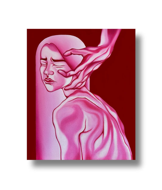 A square art print or poster featuring a stylized pink and magenta illustration of a human figure against a deep red background, shown centered on a white backdrop with a soft drop shadow.