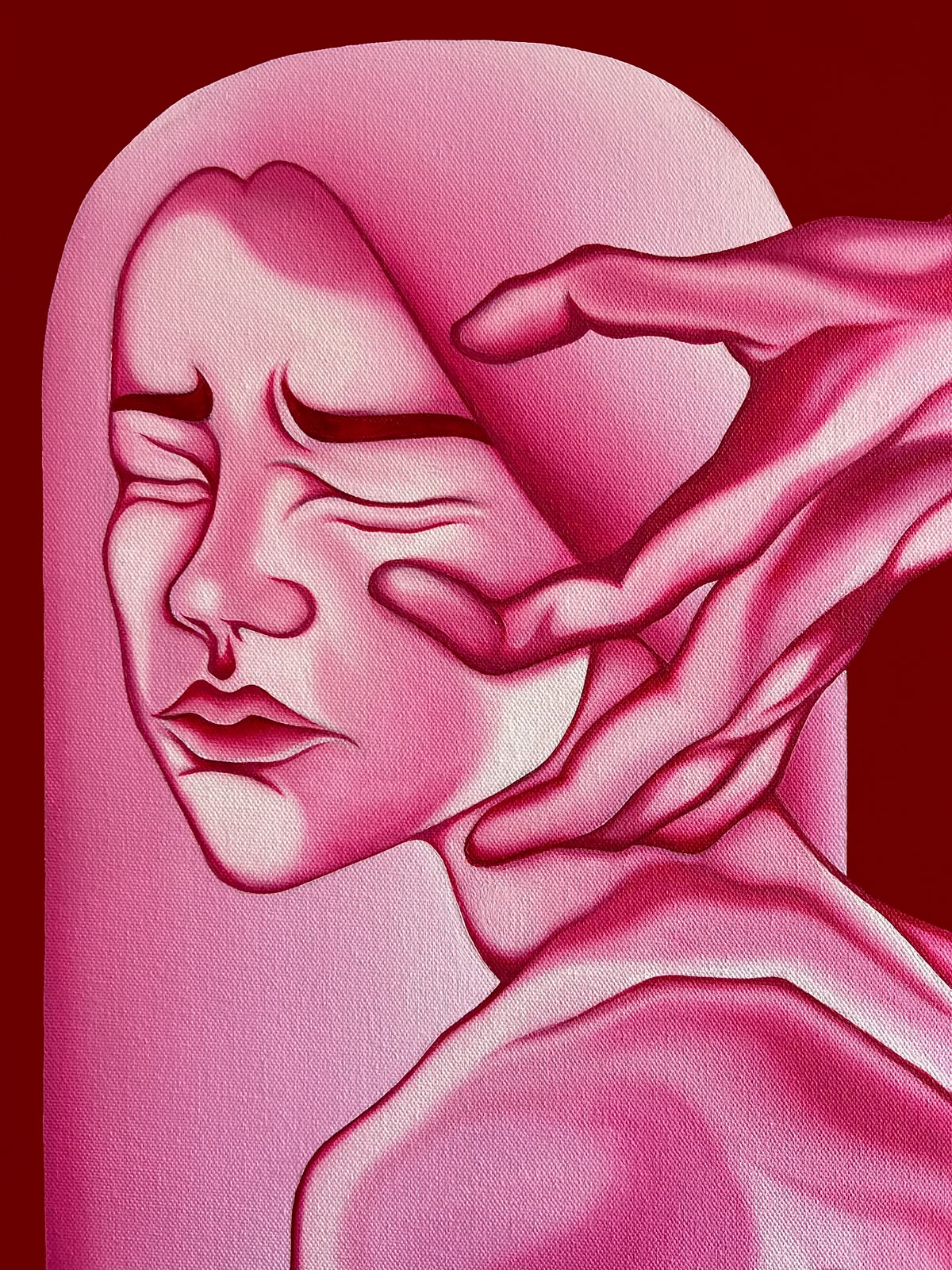 A stylized pink and red artwork showing a close-up of a woman's face and shoulder with a hand touching her head, rendered in a graphic, textured style.