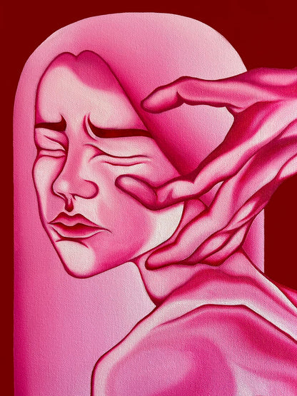 A stylized pink and red artwork showing a close-up of a woman's face and shoulder with a hand touching her head, rendered in a graphic, textured style.