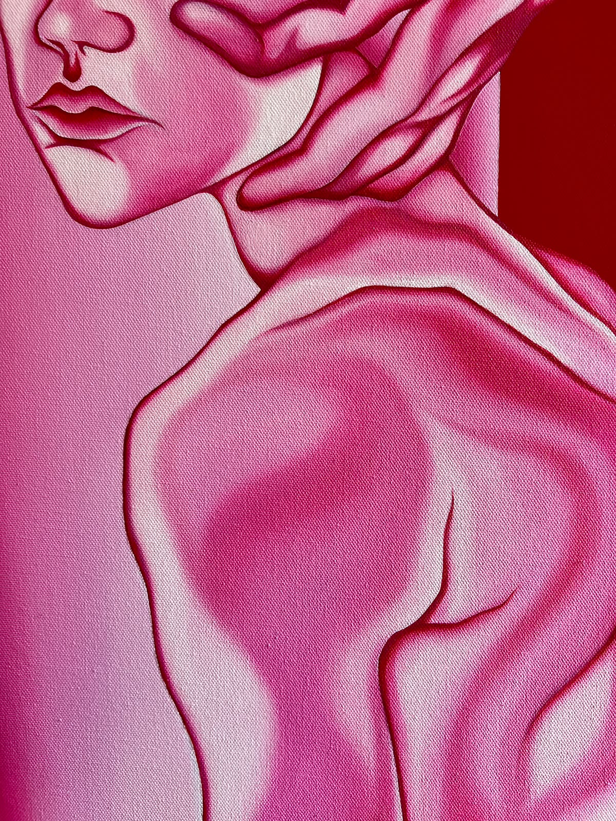 A close-up abstract painting of a human figure in profile, rendered in shades of pink, magenta, and red with dark linework defining facial features, neck, shoulder, and torso.