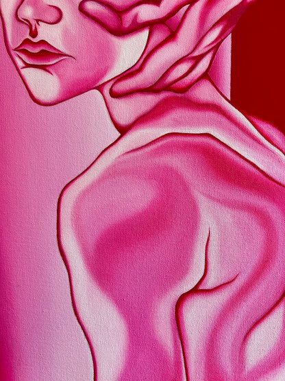 A close-up abstract painting of a human figure in profile, rendered in shades of pink, magenta, and red with dark linework defining facial features, neck, shoulder, and torso.
