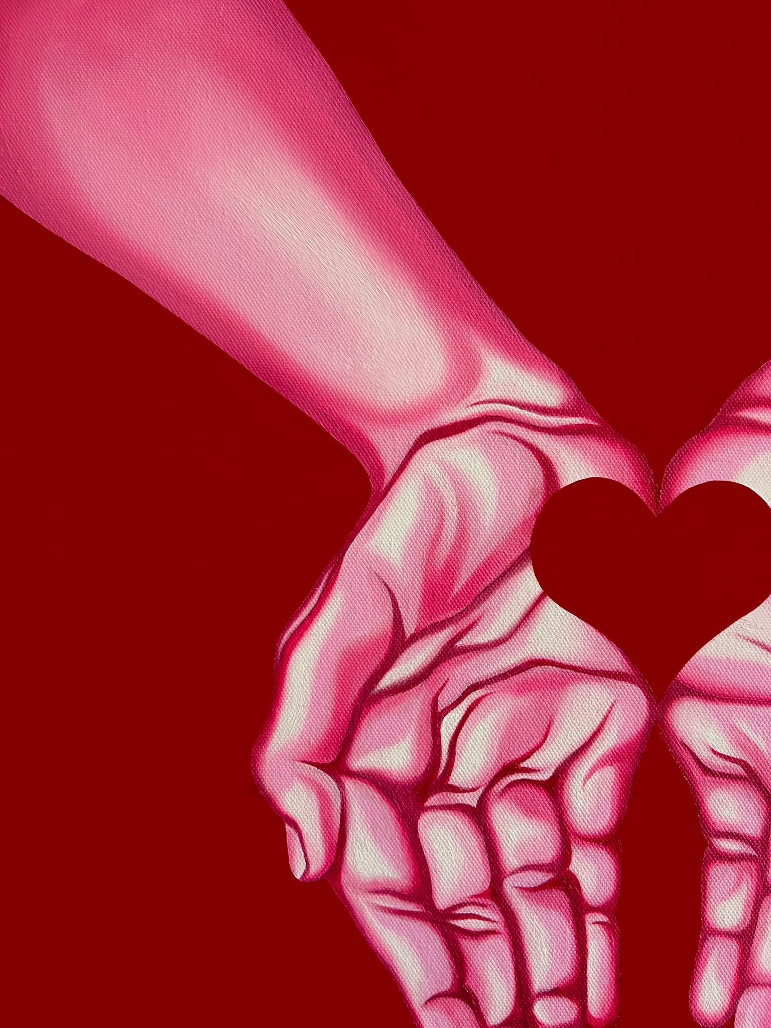 An illustration of two hands reaching upward against a solid dark red background, with a heart shape formed in the center of the hands.
